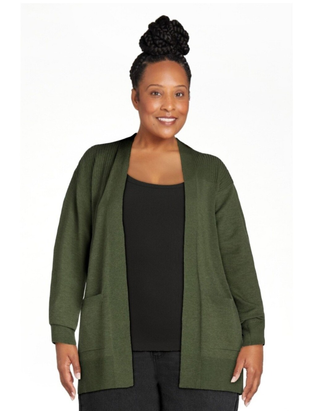 NWT Time And Tru 3XL Olive Green Lightweight Open Front Cardigan 2 Front Pockets